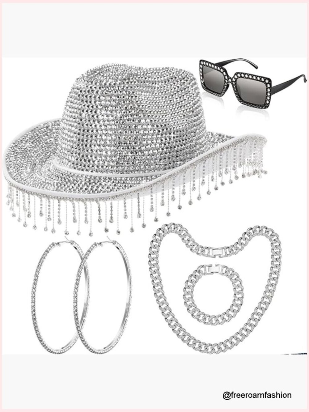 6pc Rhinestone Cowgirl Set with Bling Hat Sunglasses Necklace Bracelet Earrings